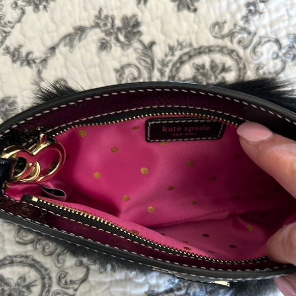 Kate Spade Faux Fur Wristlet Limited Edition. Pink interior w/ gold polka dots - Picture 5 of 9